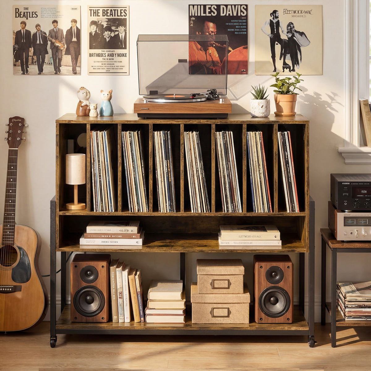 Turntable Stand with Charging Station and Vinyl Storage Shelves