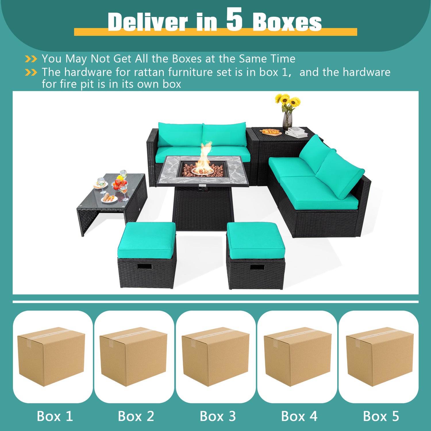 9 Pieces Outdoor Wicker Sectional with 35 Inch Gas Fire Pit Table