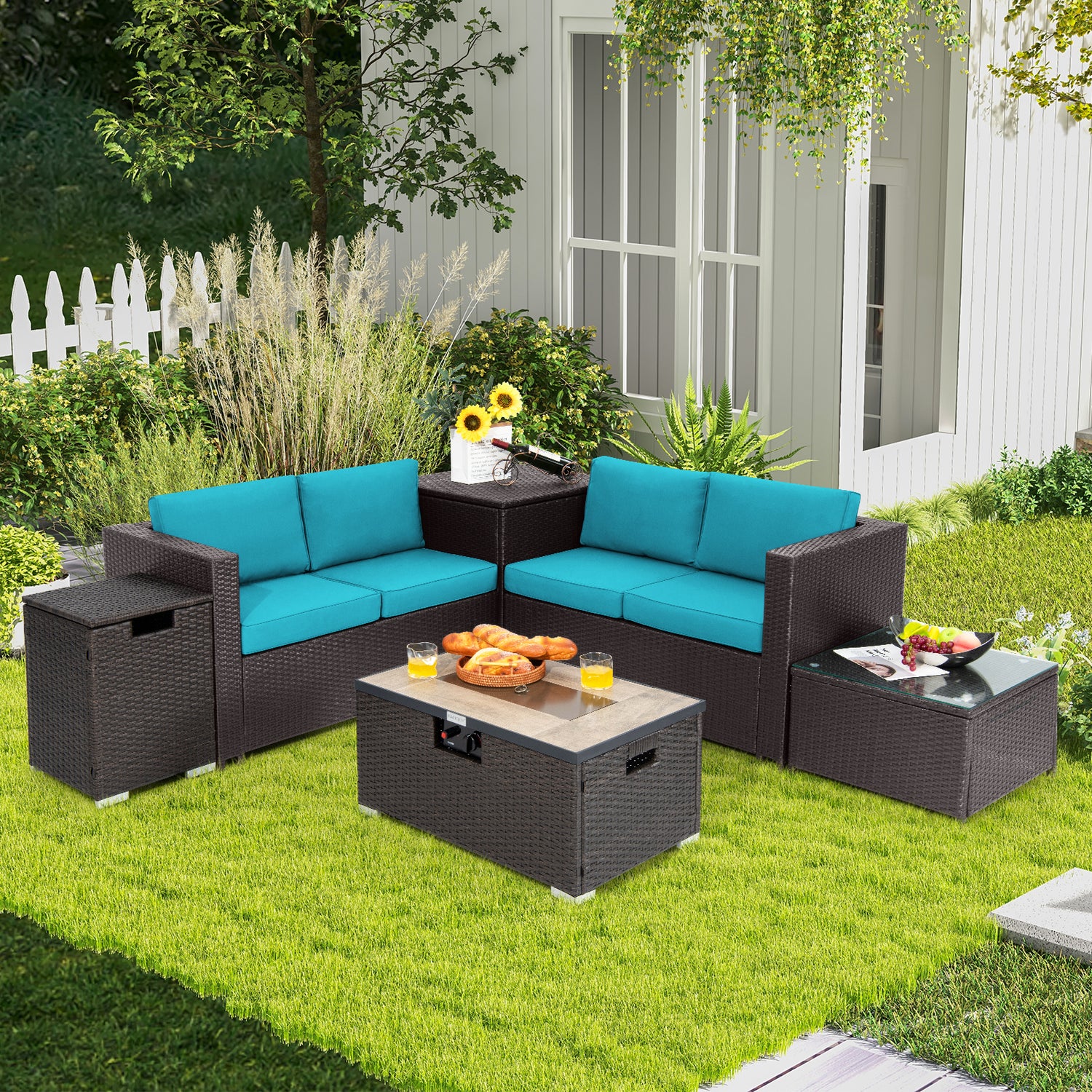 6 Pieces Outdoor Wicker Furniture Set with 32 Inch Propane Fire Pit Table