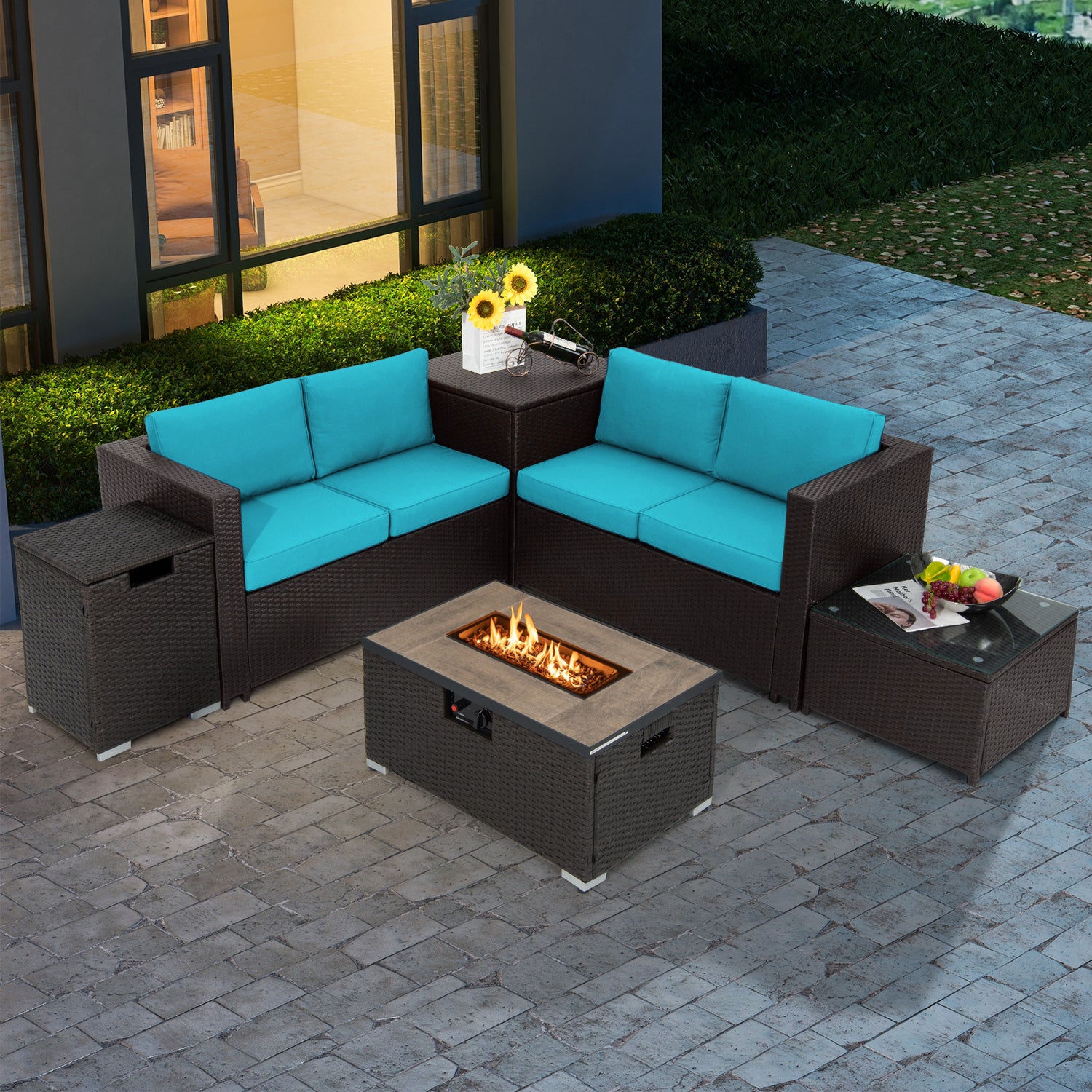 6 Pieces Outdoor Wicker Furniture Set with 32 Inch Propane Fire Pit Table