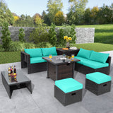 9 Pieces Patio Furniture Set with 32â Fire Pit Table and 50000 BTU Square Propane Fire Pit