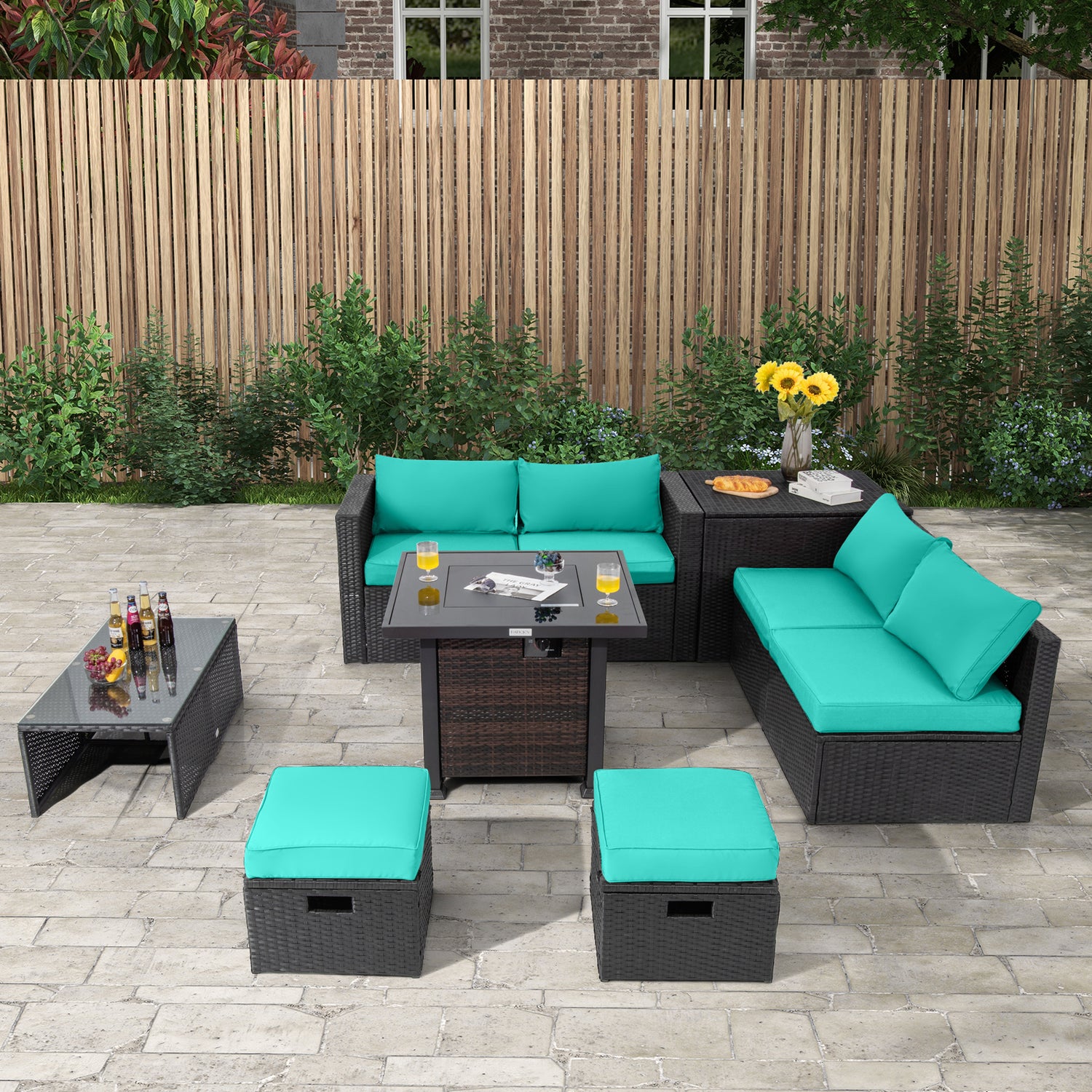 9 Pieces Patio Furniture Set with 32â Fire Pit Table and 50000 BTU Square Propane Fire Pit