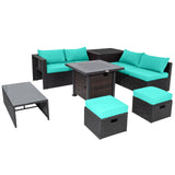 9 Pieces Patio Furniture Set with 32â Fire Pit Table and 50000 BTU Square Propane Fire Pit