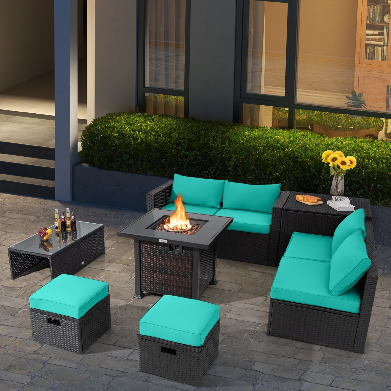 9 Pieces Patio Furniture Set with 32â Fire Pit Table and 50000 BTU Square Propane Fire Pit