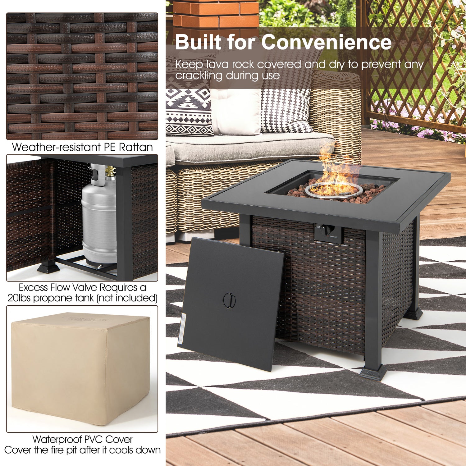 9 Pieces Patio Furniture Set with 32â Fire Pit Table and 50000 BTU Square Propane Fire Pit