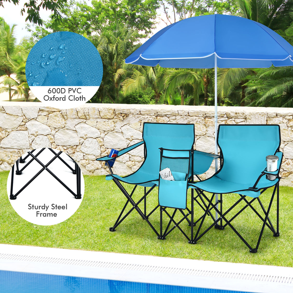 Portable Folding Picnic Double Chair with Umbrella
