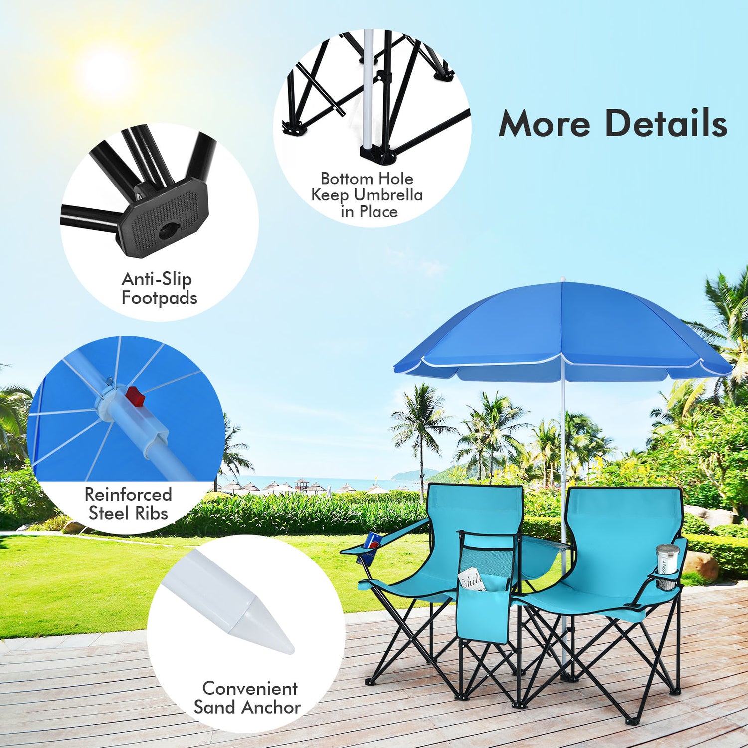 Portable Folding Picnic Double Chair with Umbrella