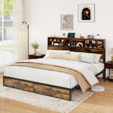 Twin/Full/Queen/King Size Bed Frame with Storage Headboard Industrial Metal Platform Bed