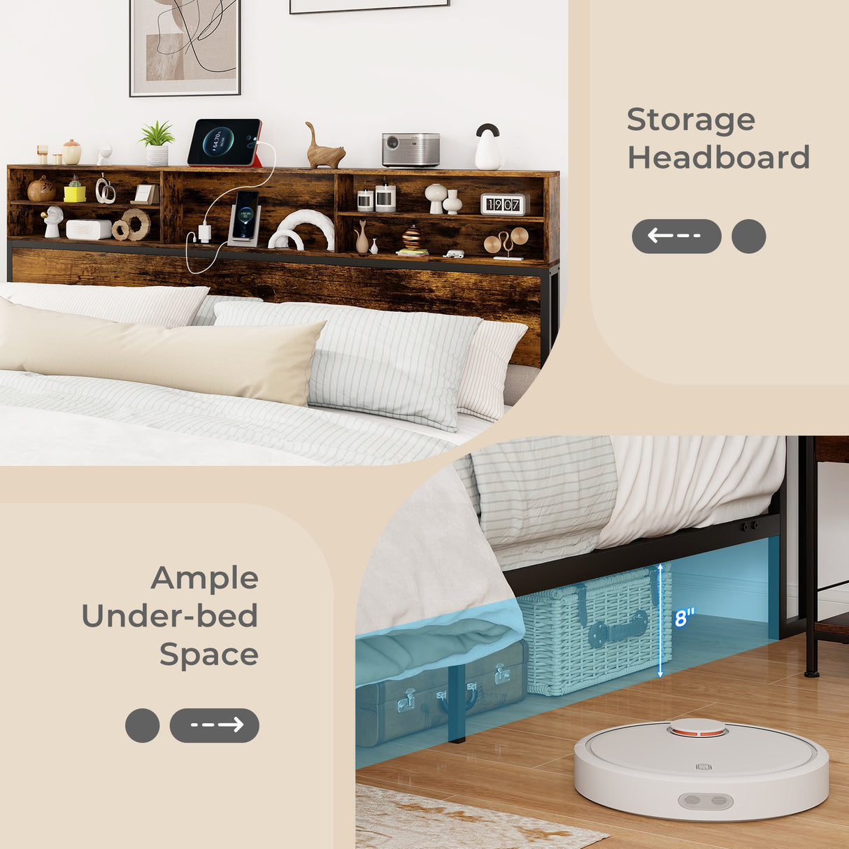 Twin/Full/Queen/King Size Bed Frame with Storage Headboard Industrial Metal Platform Bed