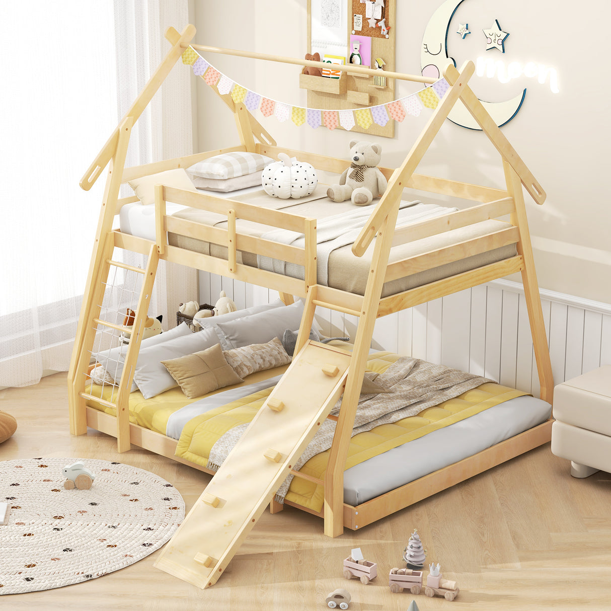 Twin Over Queen Bunk Bed Wooden Kids Bed with Climbing Nets and Ramp