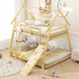 Twin Over Queen Bunk Bed Wooden Kids Bed with Climbing Nets and Ramp