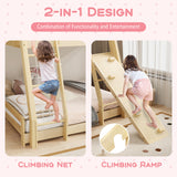 Twin Over Queen Bunk Bed Wooden Kids Bed with Climbing Nets and Ramp