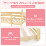 Twin Over Queen Bunk Bed Wooden Kids Bed with Climbing Nets and Ramp