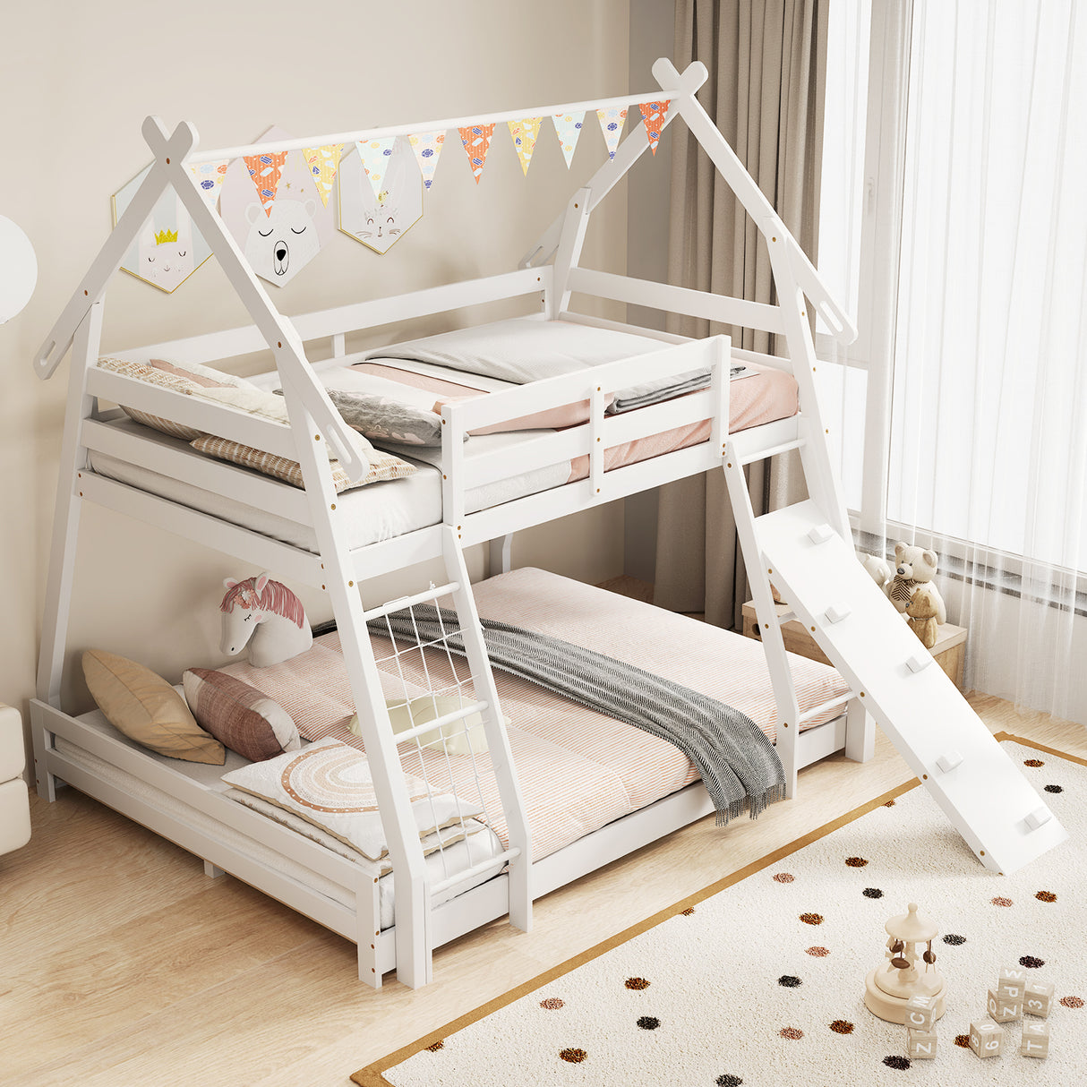 Twin Over Queen Bunk Bed Wooden Kids Bed with Climbing Nets and Ramp