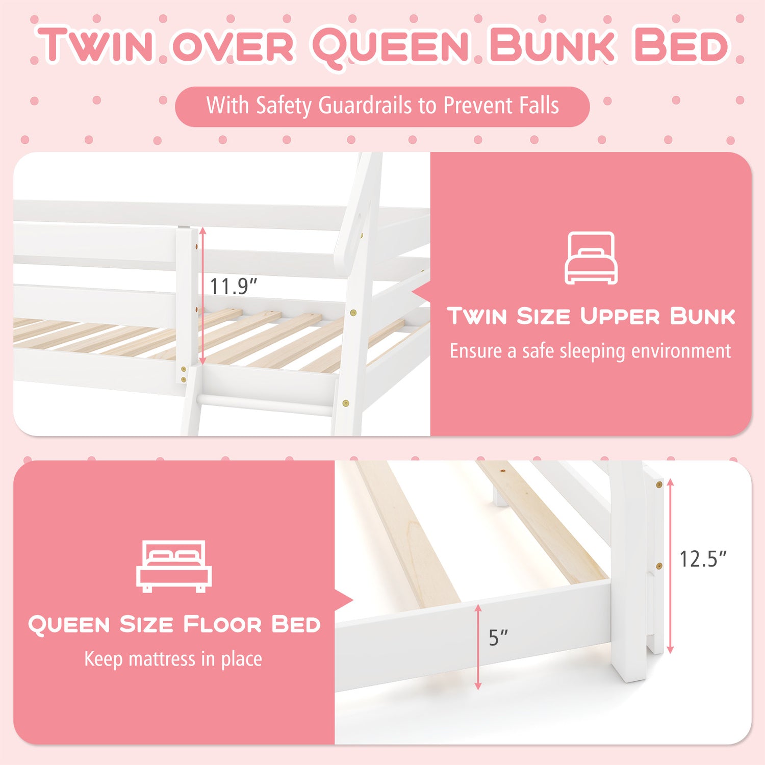Twin Over Queen Bunk Bed Wooden Kids Bed with Climbing Nets and Ramp
