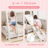Twin Over Queen Bunk Bed Wooden Kids Bed with Climbing Nets and Ramp