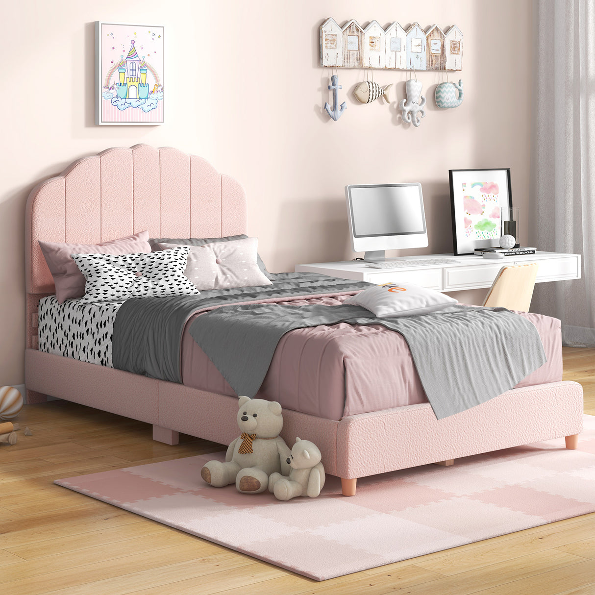 Twin Bed Frame with Height-Adjustable Headboard and Sturdy Wooden Slats