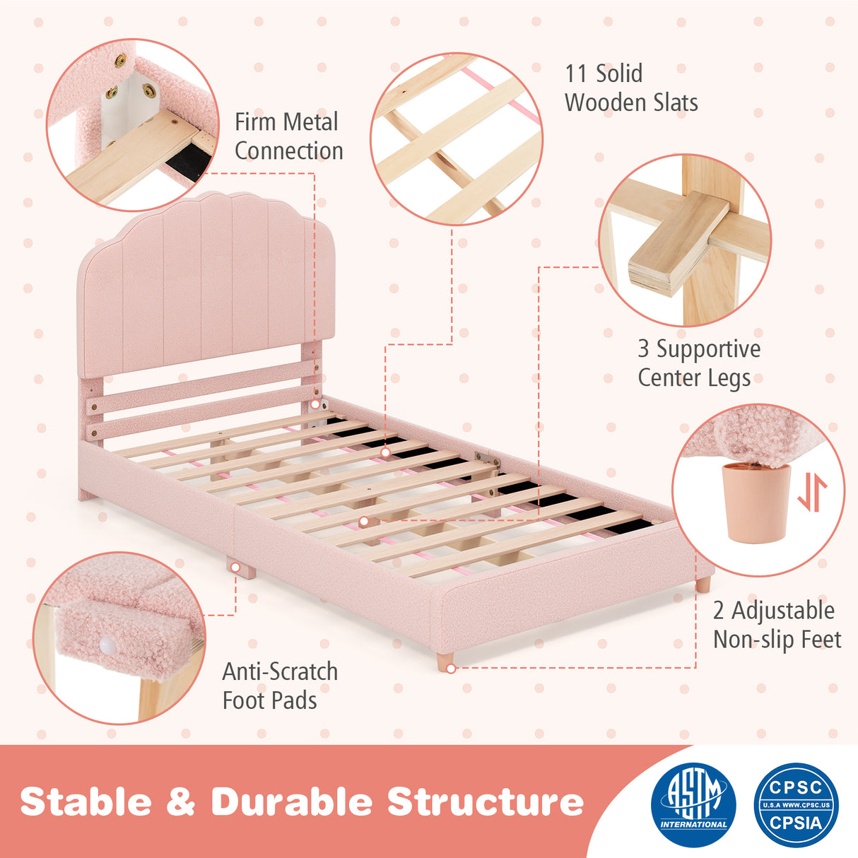 Twin Bed Frame with Height-Adjustable Headboard and Sturdy Wooden Slats