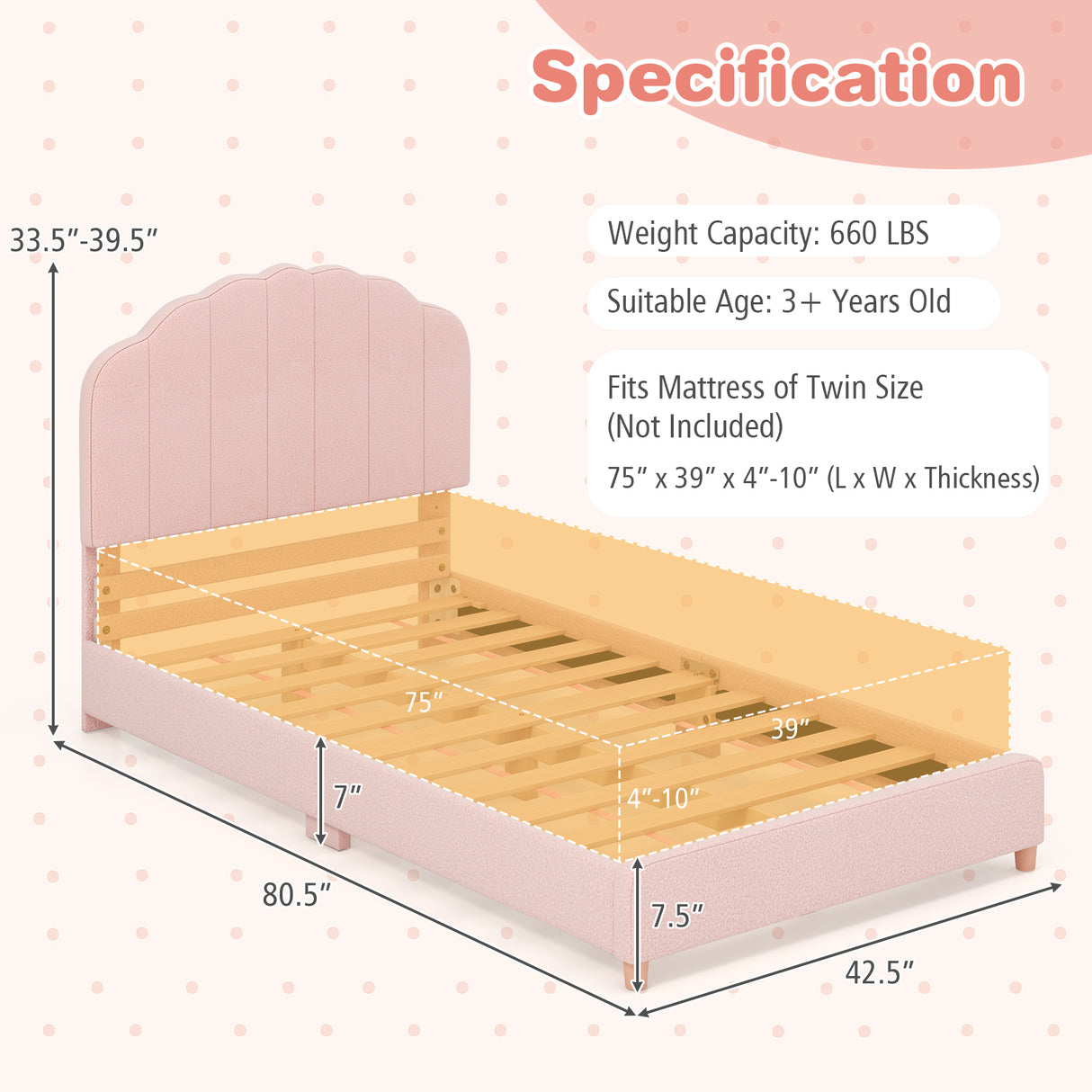 Twin Bed Frame with Height-Adjustable Headboard and Sturdy Wooden Slats