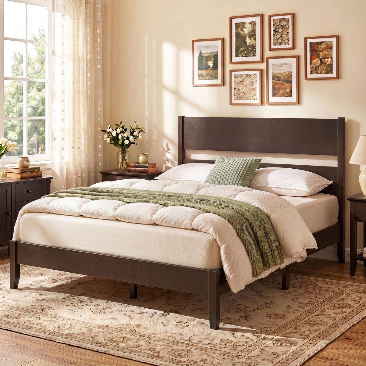 Full Bed Frame with Headboad and Solid Wood Legs 12 Slats