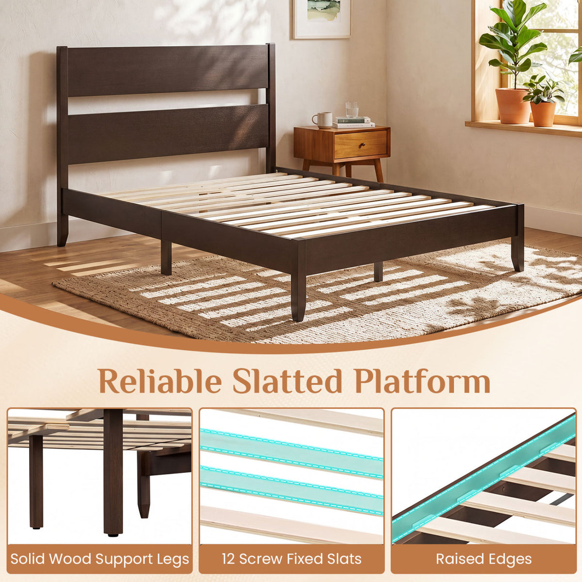 Full Bed Frame with Headboad and Solid Wood Legs 12 Slats