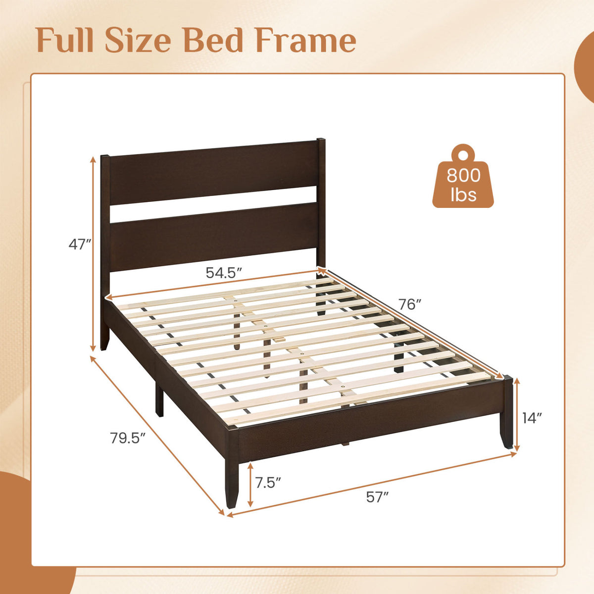 Full Bed Frame with Headboad and Solid Wood Legs 12 Slats
