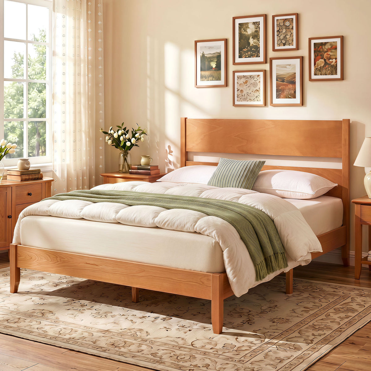 Full Bed Frame with Headboad and Solid Wood Legs 12 Slats