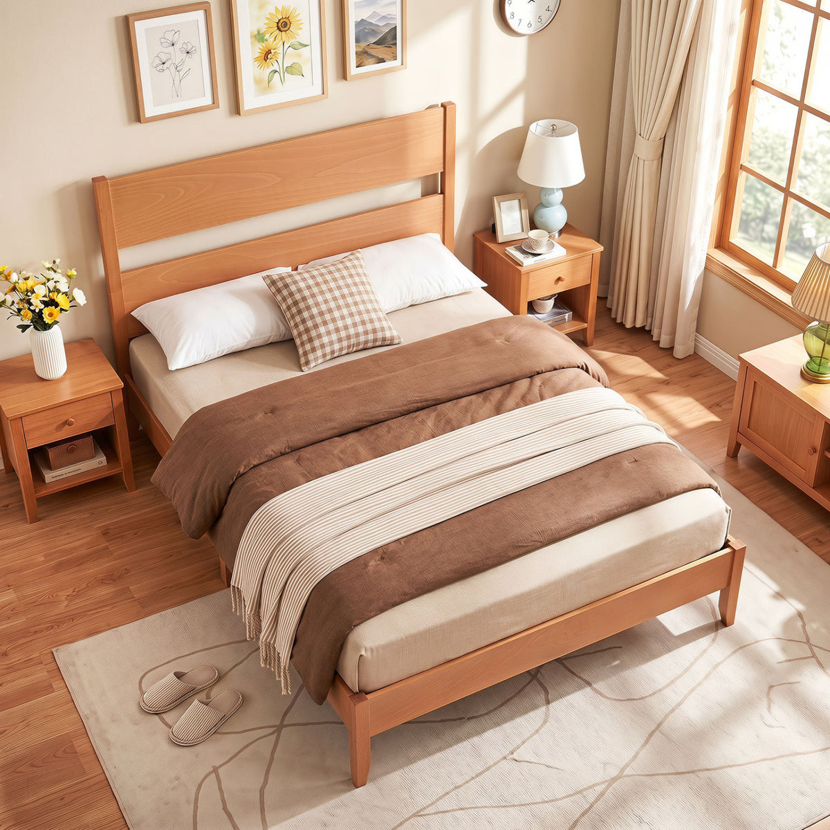 Full Bed Frame with Headboad and Solid Wood Legs 12 Slats