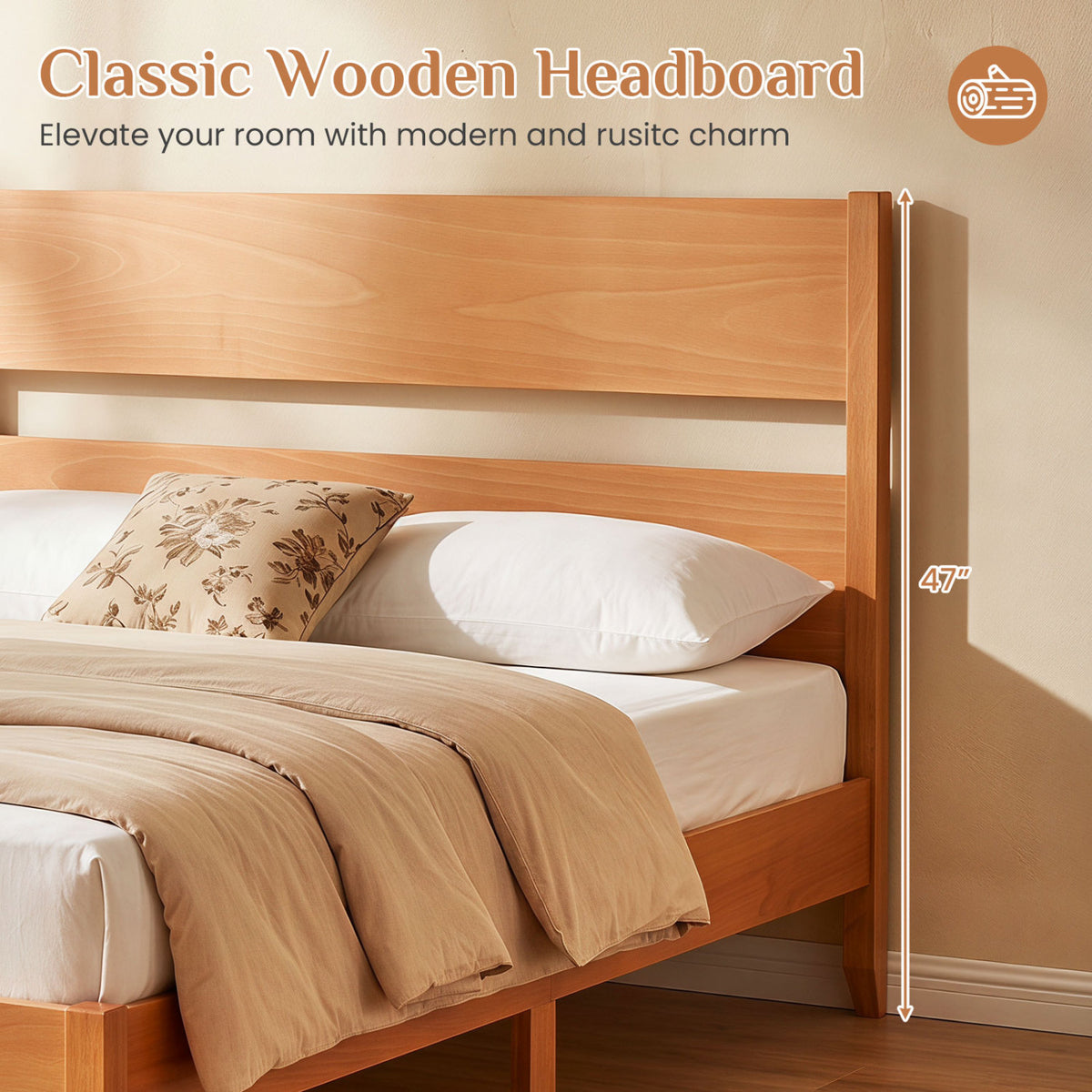Full Bed Frame with Headboad and Solid Wood Legs 12 Slats