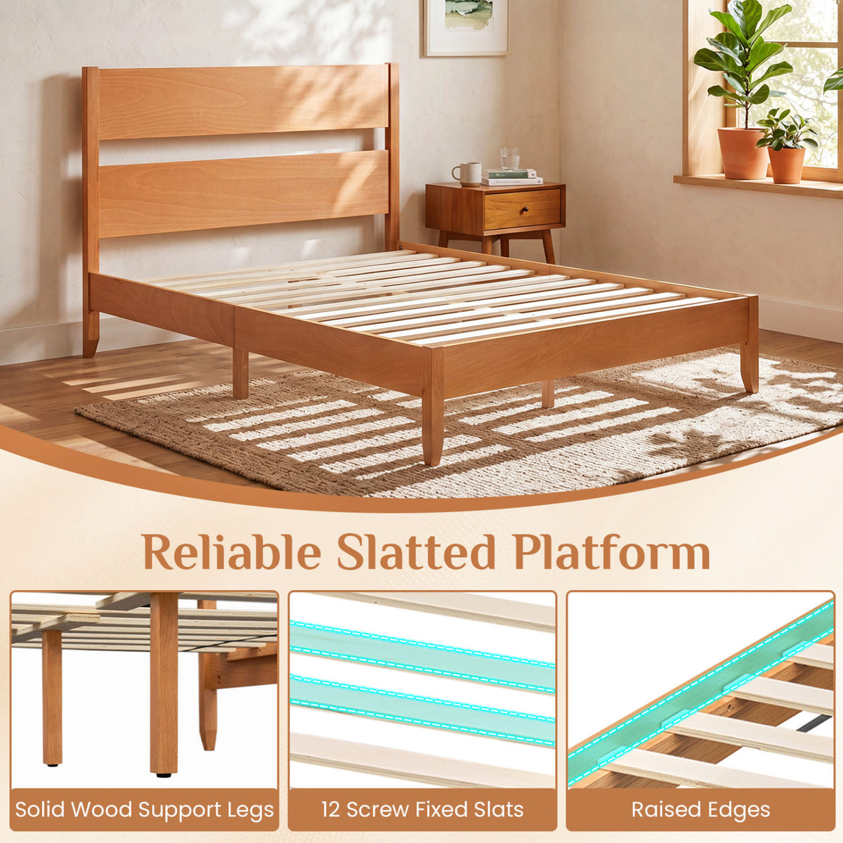 Full Bed Frame with Headboad and Solid Wood Legs 12 Slats