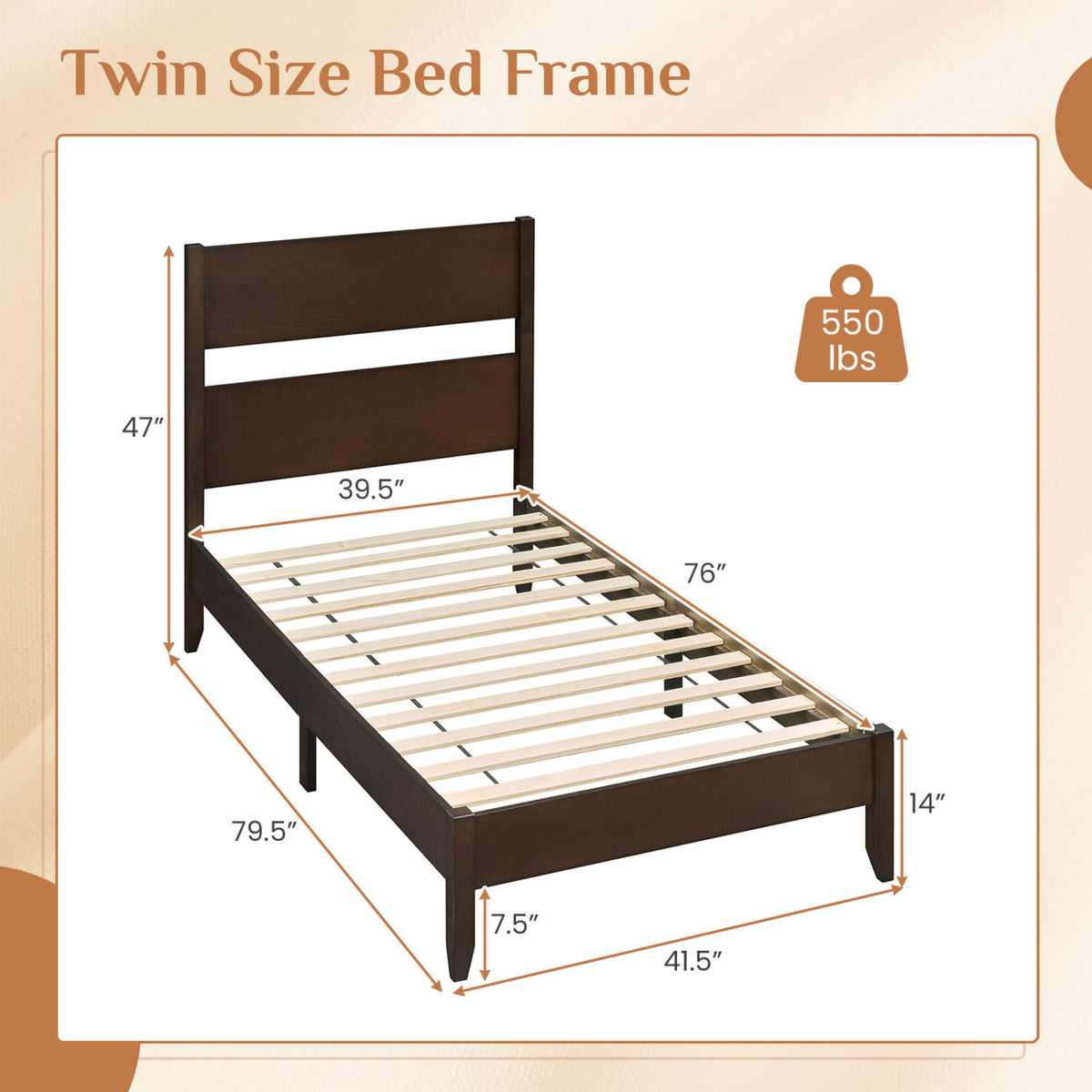 Twin Bed Frame with Headboard with Solid Wood Legs 12 Slats