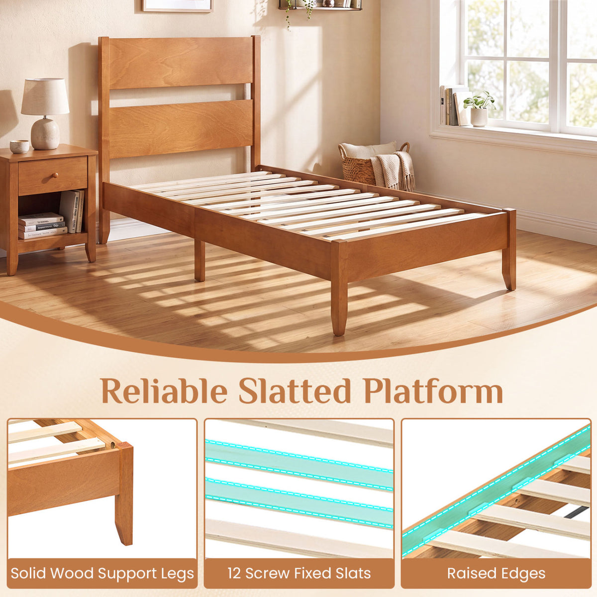 Twin Bed Frame with Headboard with Solid Wood Legs 12 Slats