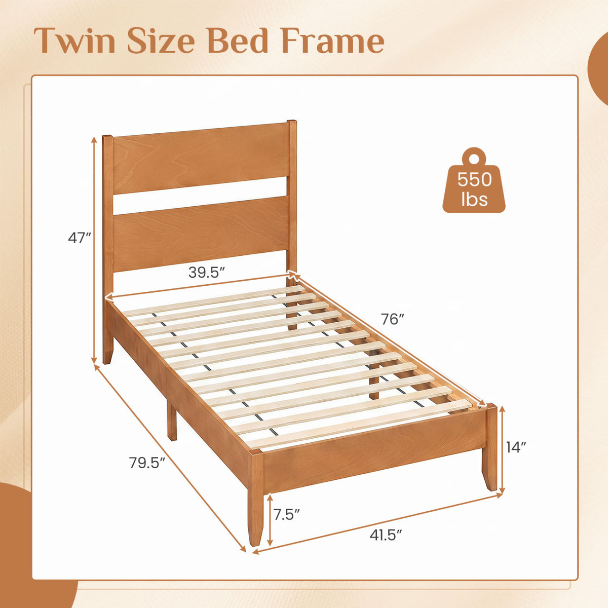 Twin Bed Frame with Headboard with Solid Wood Legs 12 Slats
