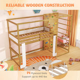 Twin Bunk Bed with Jungle Gym Wooden Loft Bed with Climbing Ladder-Natural