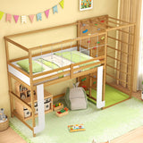 Twin Bunk Bed with Jungle Gym Wooden Loft Bed with Climbing Ladder-Natural