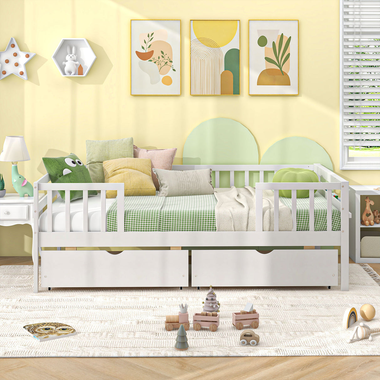 Twin Daybed with Fence and 2 Drawers Kids Bed for Boys & Girls