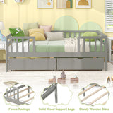 Twin Daybed with Fence and 2 Drawers Kids Bed for Boys & Girls