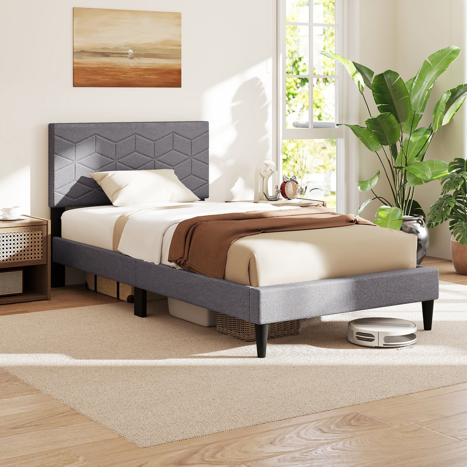 Twin/Full/Queen Size Bed Frame Modern Platform Bed with Linen Fabric Upholstered Headboard