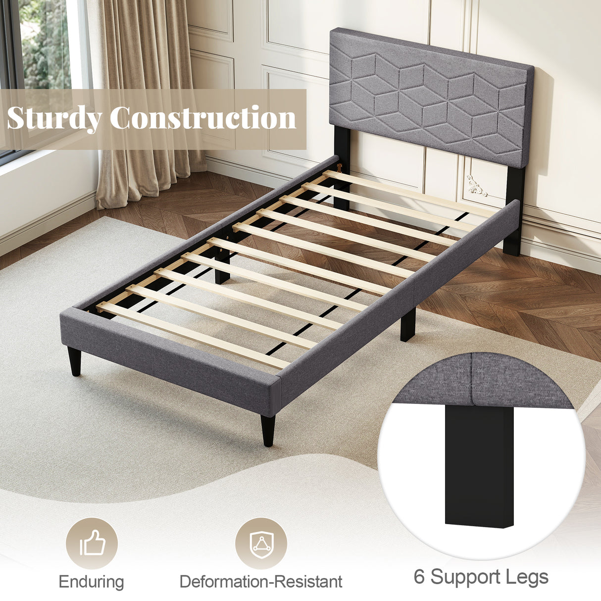 Twin/Full/Queen Size Bed Frame Modern Platform Bed with Linen Fabric Upholstered Headboard