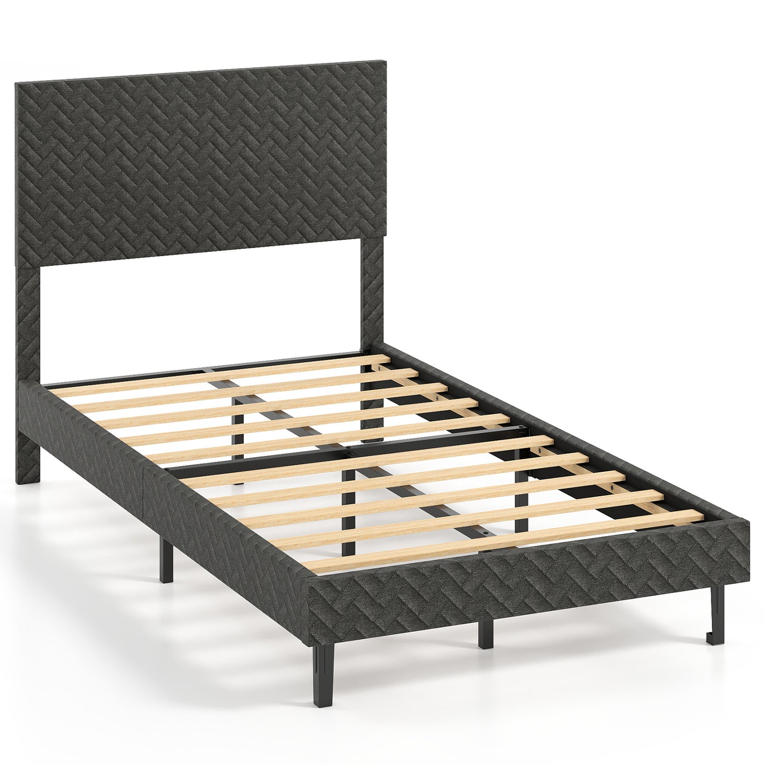 Full Size Velvet Bed Frame Upholstered Platform Bed with Chevron Headboard Gray