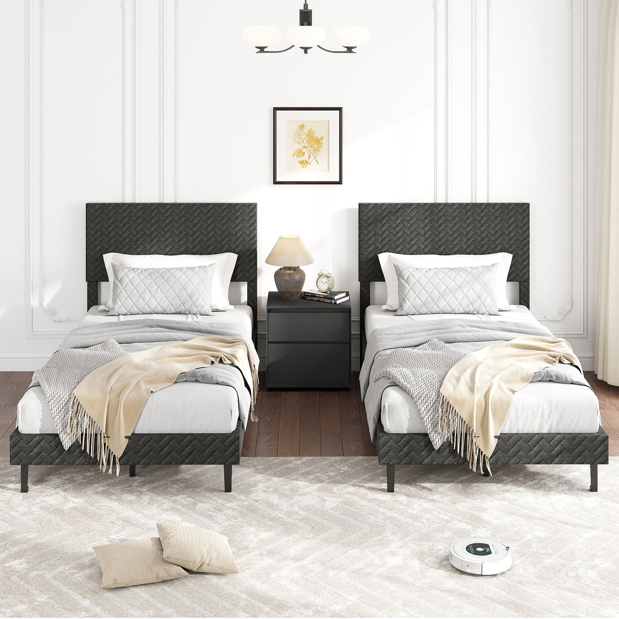 Full Size Velvet Bed Frame Upholstered Platform Bed with Chevron Headboard Gray