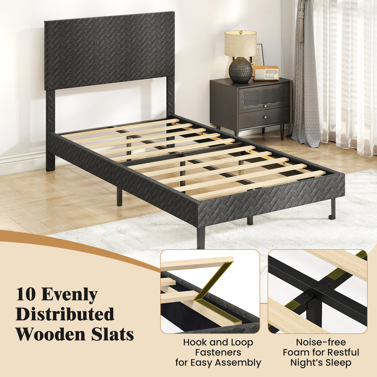 Full Size Velvet Bed Frame Upholstered Platform Bed with Chevron Headboard Gray