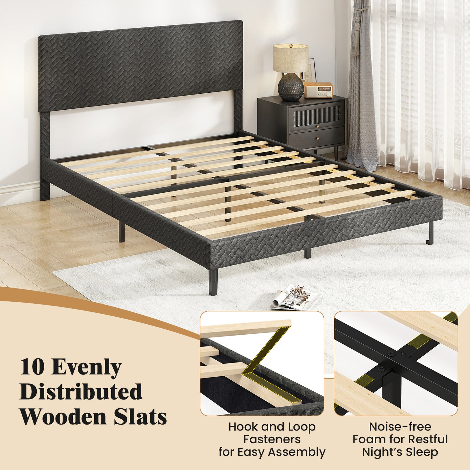 Full Size Velvet Bed Frame Upholstered Platform Bed with Chevron Headboard Gray