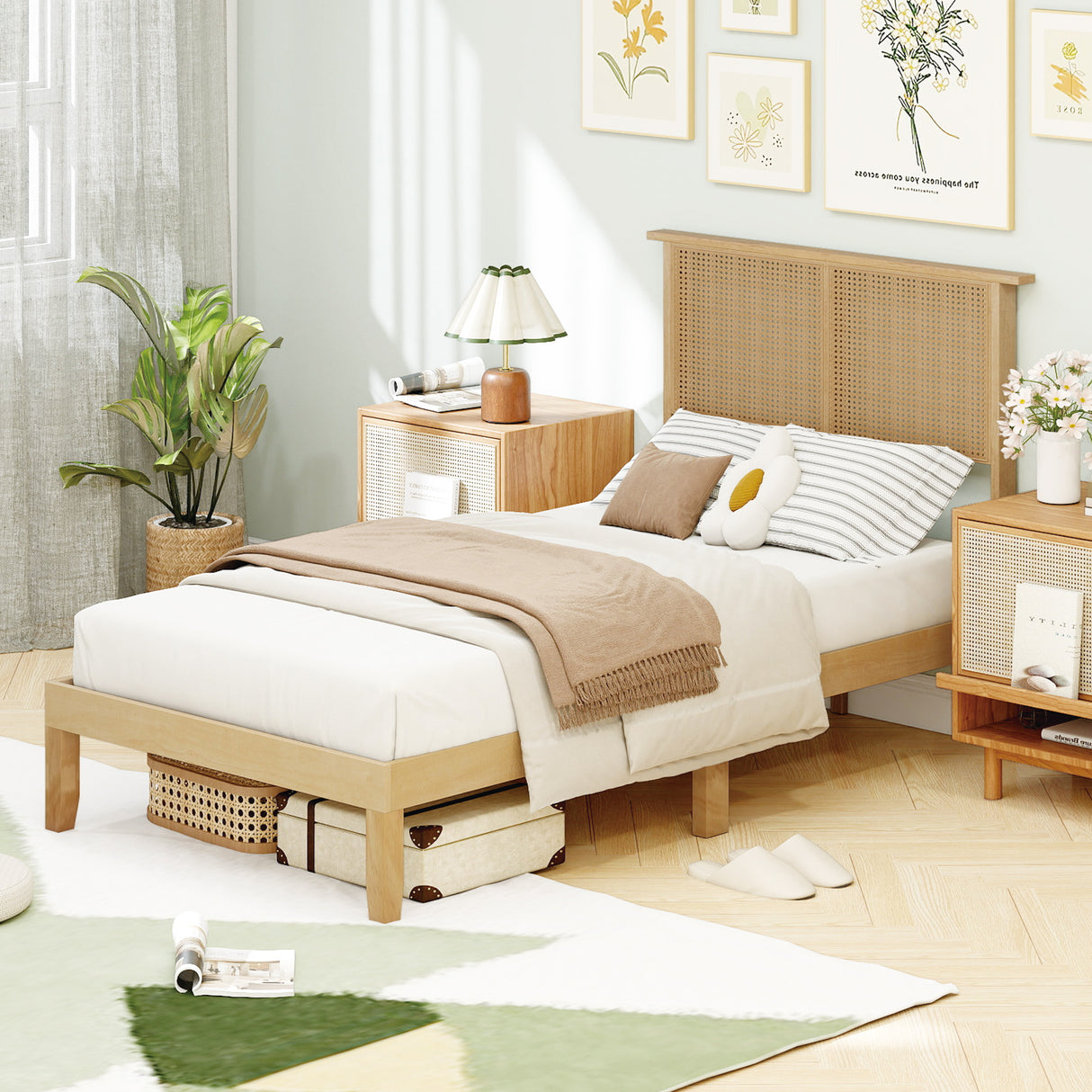 Twin/Full/Queen Size Bed Frame with Rattan Headboard