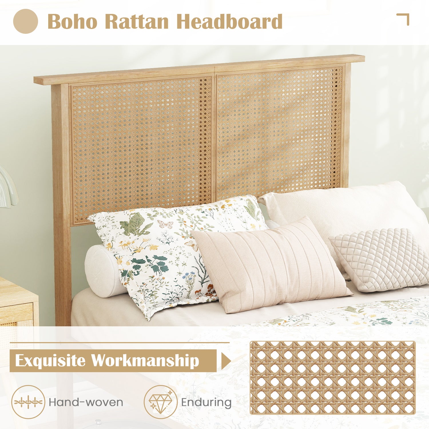 Twin/Full/Queen Size Bed Frame with Rattan Headboard