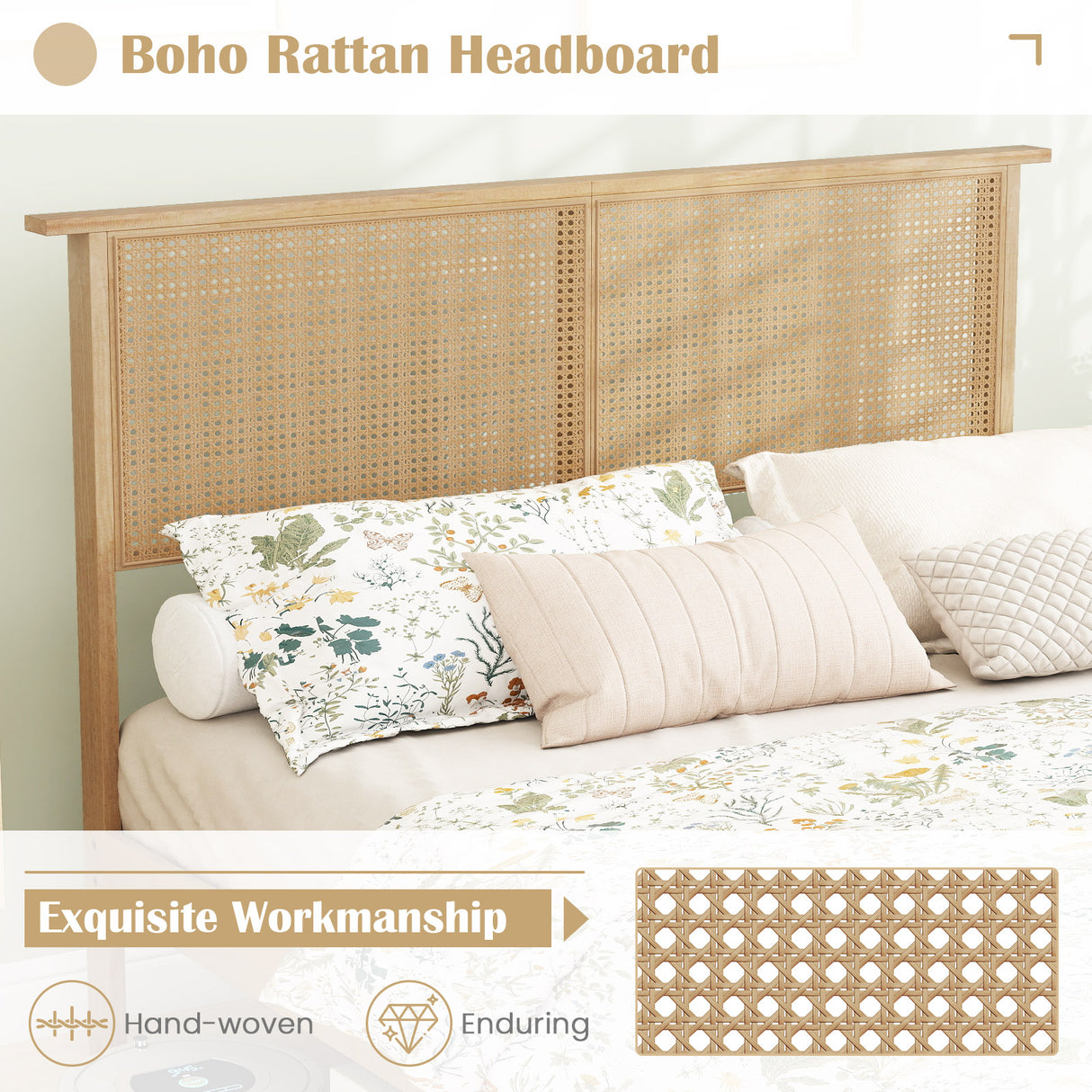 Twin/Full/Queen Size Bed Frame with Rattan Headboard