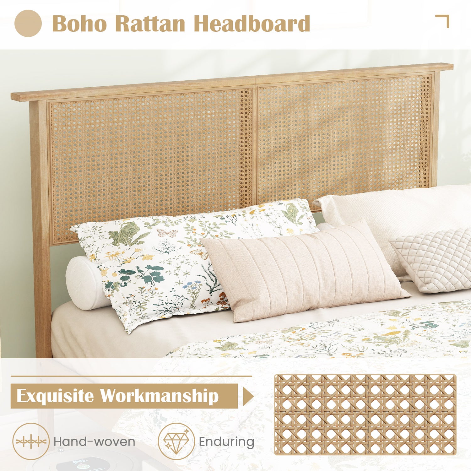 Twin/Full/Queen Size Bed Frame with Rattan Headboard