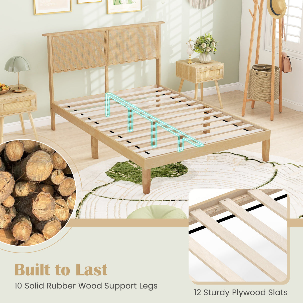 Twin/Full/Queen Size Bed Frame with Rattan Headboard
