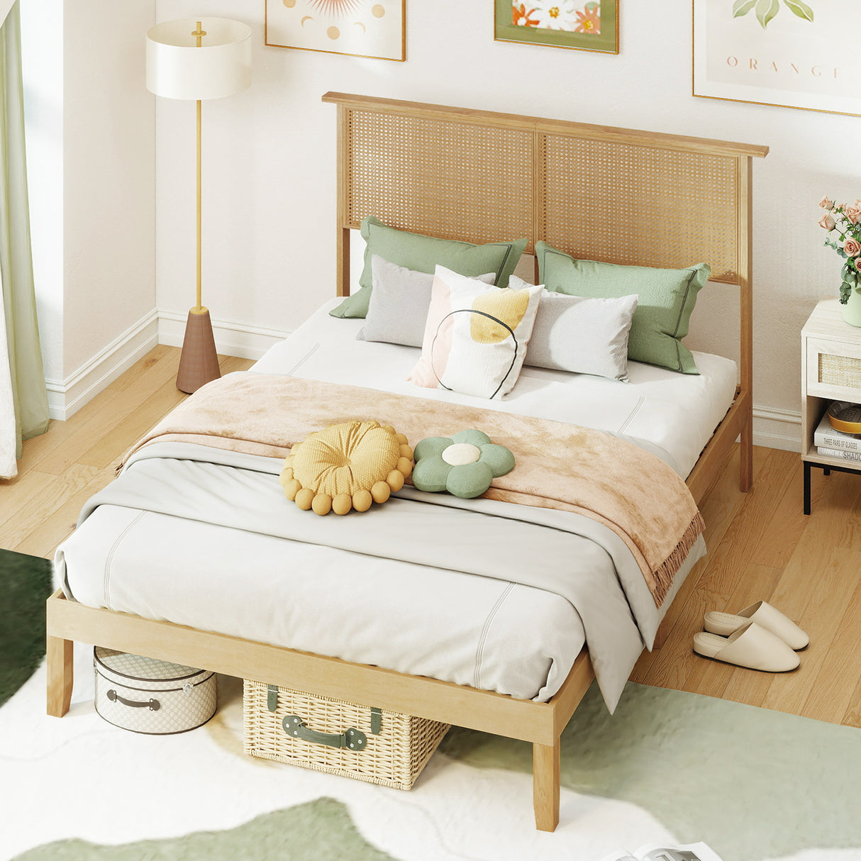 Twin/Full/Queen Size Bed Frame with Rattan Headboard