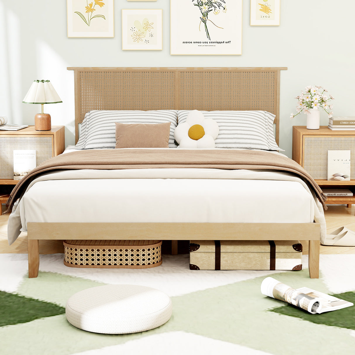 Twin/Full/Queen Size Bed Frame with Rattan Headboard